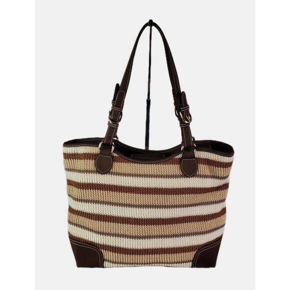The SAK Beige Brown Stripe Crochet Shoulder Bag Purse Double Handle Satchel - Picture 8 of 16